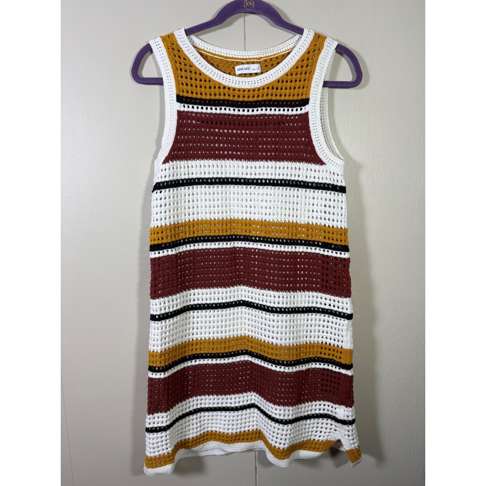 Nine West Crochet Striped Shift Dress M 70s Retro Indie Festival Free Spirited